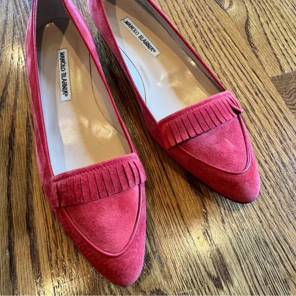 Manolo Blahnik Red Suede Loafers Semi-Pointed Toes with Fringe Trim Accent
