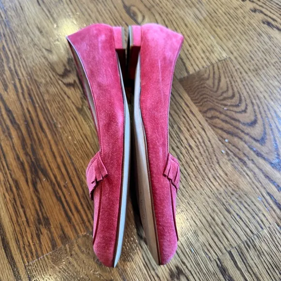Manolo Blahnik Red Suede Loafers Semi-Pointed Toes with Fringe Trim Accent