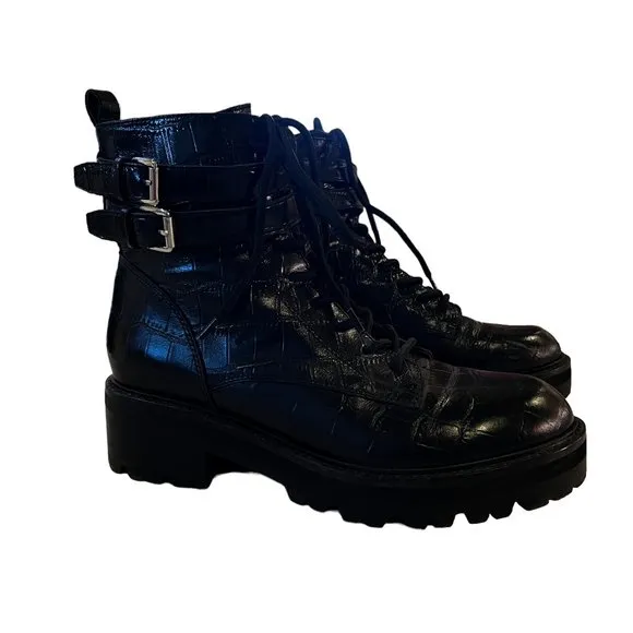 Marc Fisher LTD MLBARREN 2 Black Embossed Leather Combat Boots Size 7.5 M