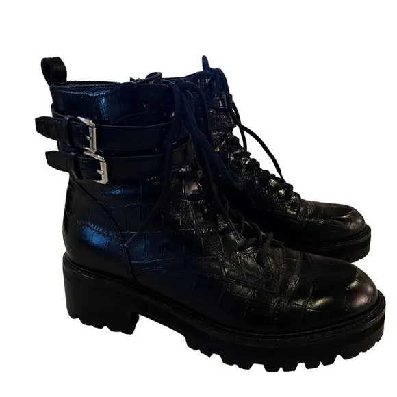 Marc Fisher LTD MLBARREN 2 Black Embossed Leather Combat Boots Size 7.5 M