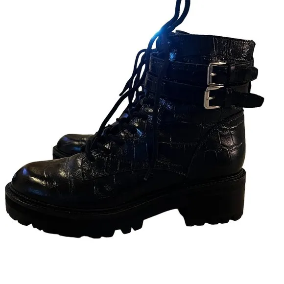 Marc Fisher LTD MLBARREN 2 Black Embossed Leather Combat Boots Size 7.5 M