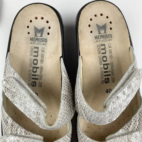 Mephisto Sandals Slip On Wedge Heel Grey Snakeskin Leather Women's 40 US 10