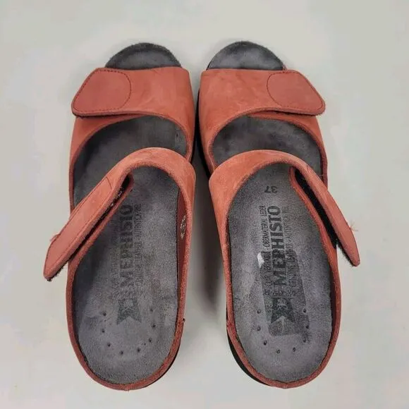 Mephisto Sandals Womens EU37 US7 Red Suede Leather Clog Slides Straps Slip On