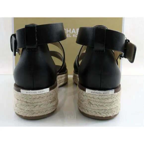 Michael Kors Darby Crisscross Platform Espadrille Sandals Black Leather Size 7