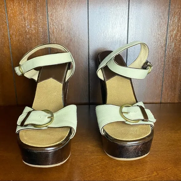 Michael Kors Leather Platform Wood Block Heel with Gold Logo Size 8M
