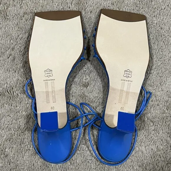 MIISTA Sally Thin Straps Square Toe Sculptural Heel Sandals in Blue Size 40 10