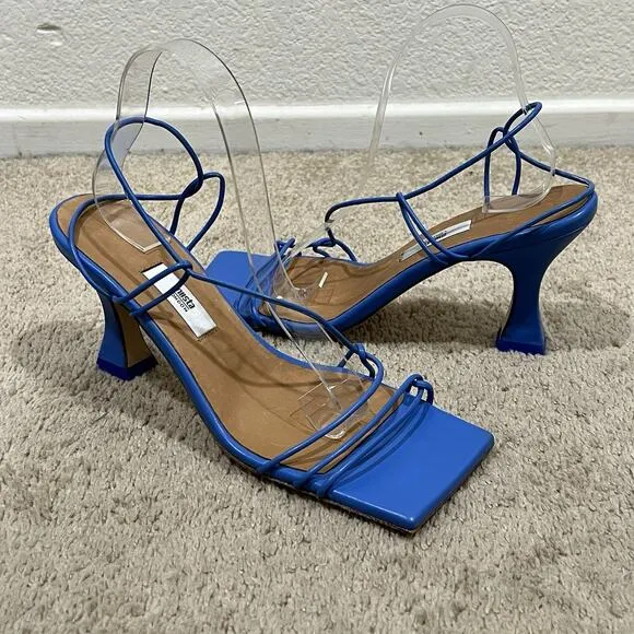 MIISTA Sally Thin Straps Square Toe Sculptural Heel Sandals in Blue Size 40 10
