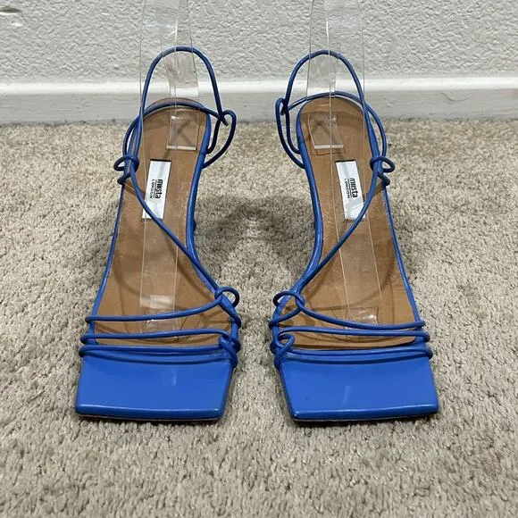 MIISTA Sally Thin Straps Square Toe Sculptural Heel Sandals in Blue Size 40 10