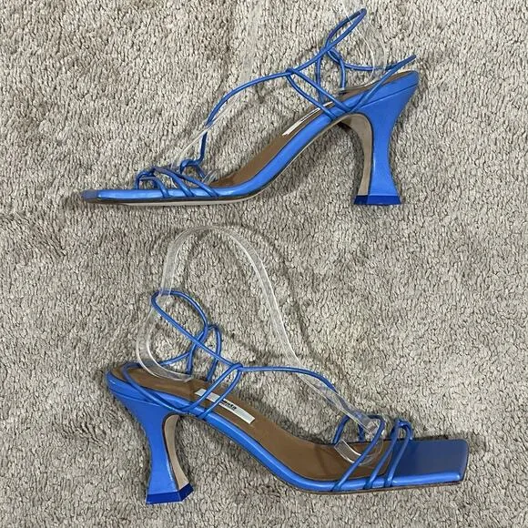 MIISTA Sally Thin Straps Square Toe Sculptural Heel Sandals in Blue Size 40 10