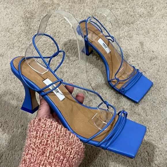MIISTA Sally Thin Straps Square Toe Sculptural Heel Sandals in Blue Size 40 10