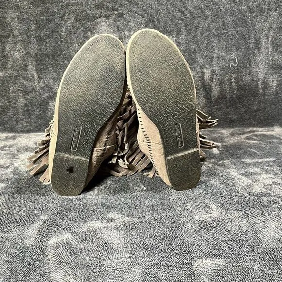 Minnetonka Moccasins Boho FRINGE Suede Leather Tall Boots Gray Size 8