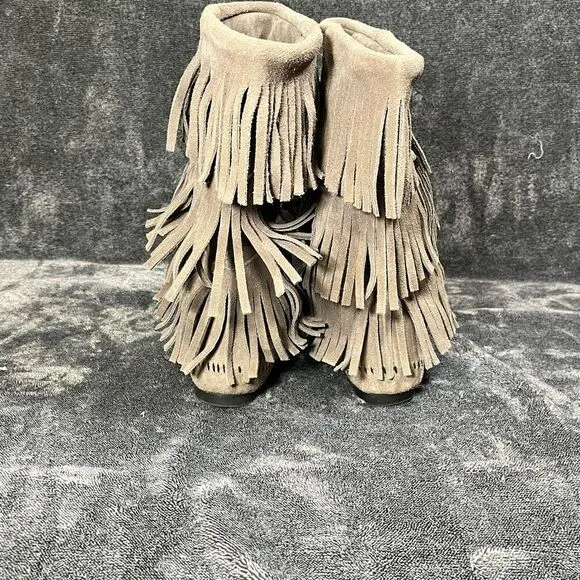 Minnetonka Moccasins Boho FRINGE Suede Leather Tall Boots Gray Size 8