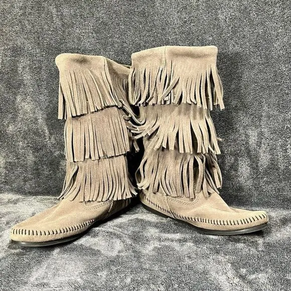 Minnetonka Moccasins Boho FRINGE Suede Leather Tall Boots Gray Size 8