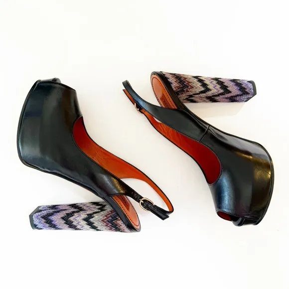 MISSONI BLACK LEATHER PURPLE SIGNATURE ZIGZAG SLINGBACK PLATFORM CHUNKY HEEL
