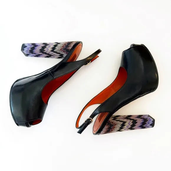 MISSONI BLACK LEATHER PURPLE SIGNATURE ZIGZAG SLINGBACK PLATFORM CHUNKY HEEL