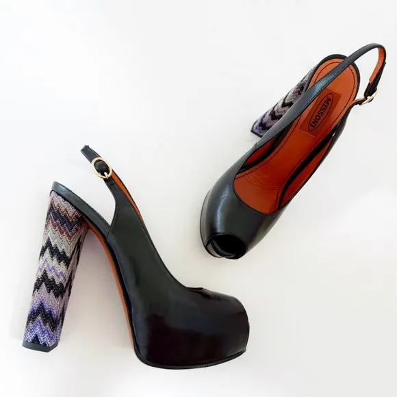 MISSONI BLACK LEATHER PURPLE SIGNATURE ZIGZAG SLINGBACK PLATFORM CHUNKY HEEL