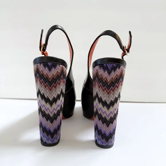 MISSONI BLACK LEATHER PURPLE SIGNATURE ZIGZAG SLINGBACK PLATFORM CHUNKY HEEL