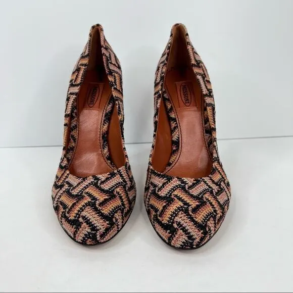 Missoni women's 40 stiletto heels woven geometric crochet knit brown tan shoes