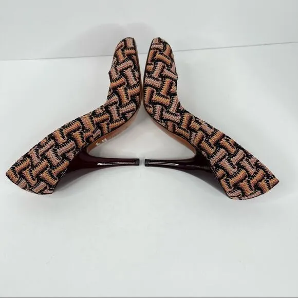 Missoni women's 40 stiletto heels woven geometric crochet knit brown tan shoes