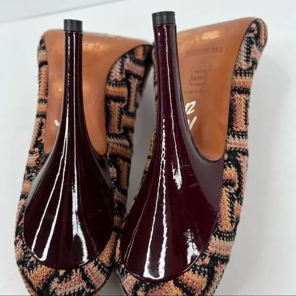 Missoni women's 40 stiletto heels woven geometric crochet knit brown tan shoes