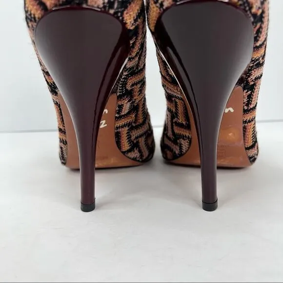 Missoni women's 40 stiletto heels woven geometric crochet knit brown tan shoes