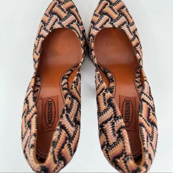 Missoni women's 40 stiletto heels woven geometric crochet knit brown tan shoes