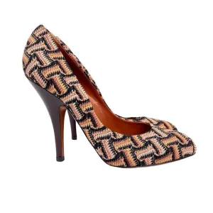Missoni women's 40 stiletto heels woven geometric crochet knit brown tan shoes