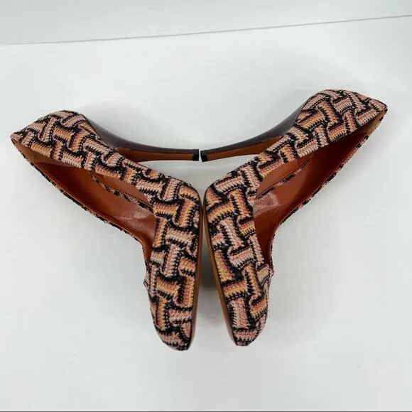 Missoni women's 40 stiletto heels woven geometric crochet knit brown tan shoes