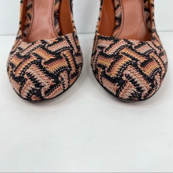 Missoni women's 40 stiletto heels woven geometric crochet knit brown tan shoes
