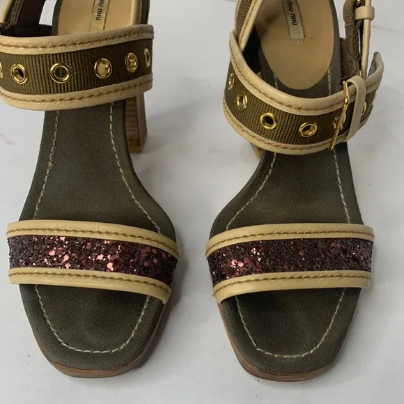 MIU MIU olive canvas double buckle glitter strap sandals