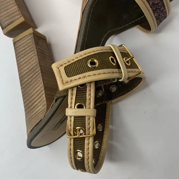MIU MIU olive canvas double buckle glitter strap sandals