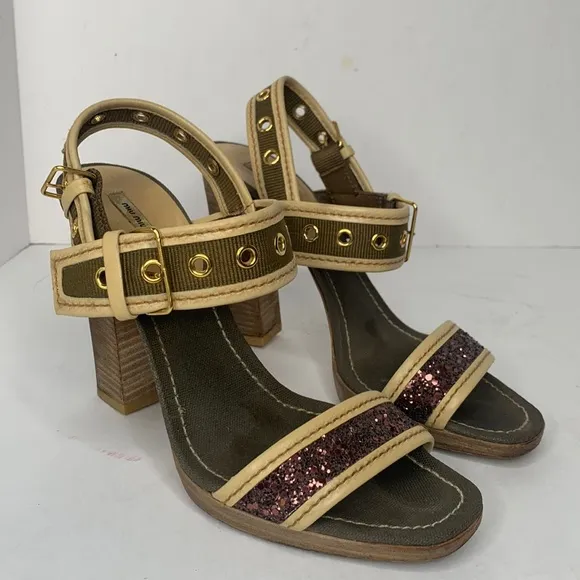 MIU MIU olive canvas double buckle glitter strap sandals
