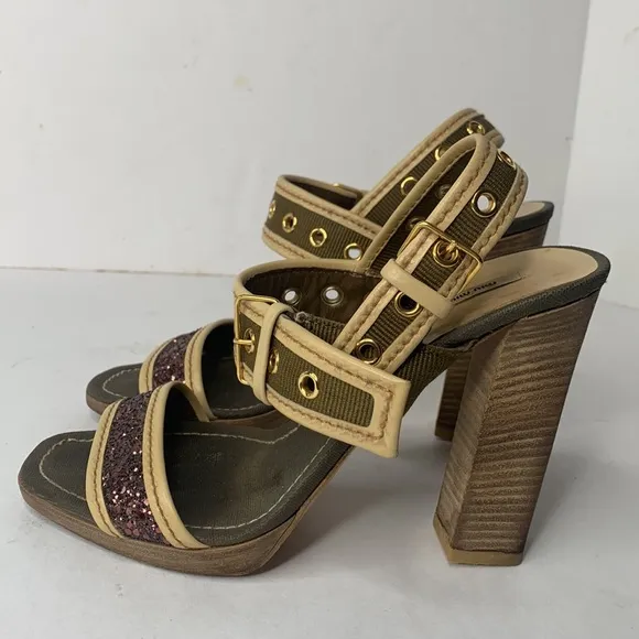 MIU MIU olive canvas double buckle glitter strap sandals