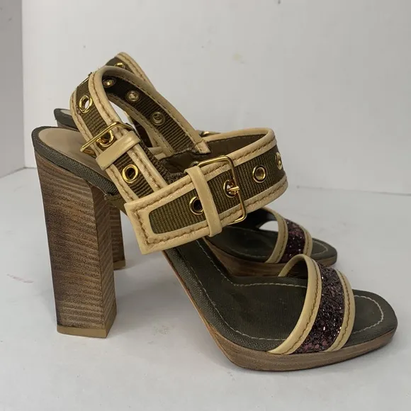 MIU MIU olive canvas double buckle glitter strap sandals