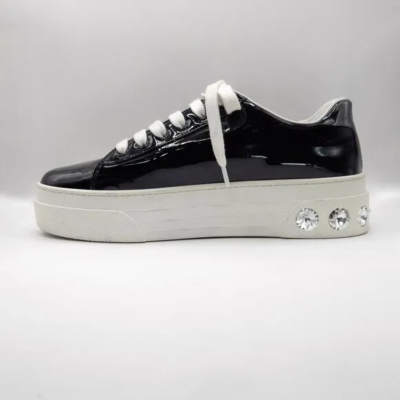 Miu Miu Patent Leather Sneakers Black Crystal Sole Platform Shoes Size US 9