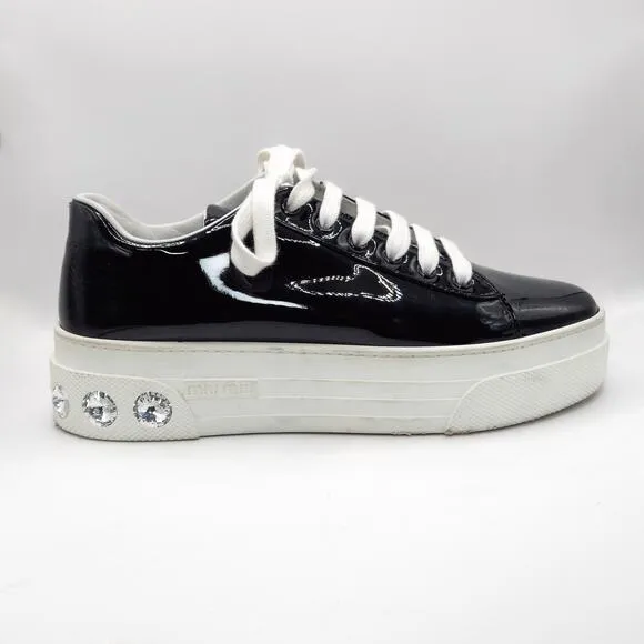 Miu Miu Patent Leather Sneakers Black Crystal Sole Platform Shoes Size US 9