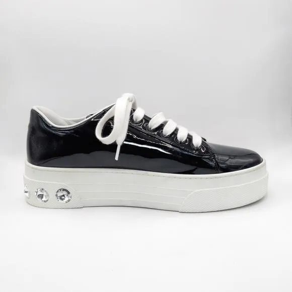Miu Miu Patent Leather Sneakers Black Crystal Sole Platform Shoes Size US 9
