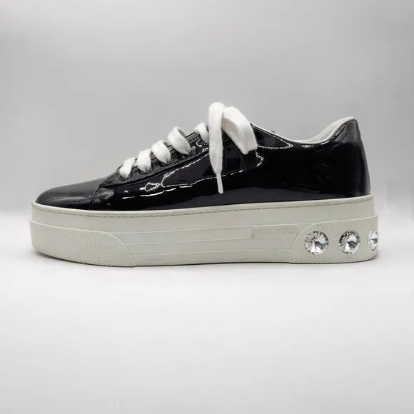 Miu Miu Patent Leather Sneakers Black Crystal Sole Platform Shoes Size US 9