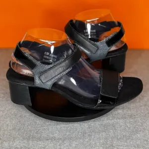 Munro Denise Sandal Heel Black Silver Metallic Leather Chunky Heel Size 9.5