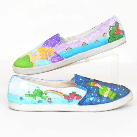 MUST SEE! Hand-painted Tinkerbell | Peter Pan Slip On Sneakers Women's 8