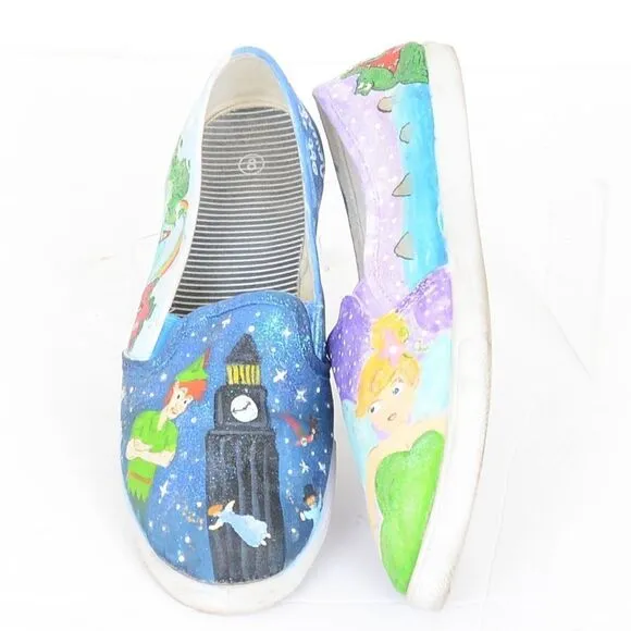 MUST SEE! Hand-painted Tinkerbell | Peter Pan Slip On Sneakers Women's 8