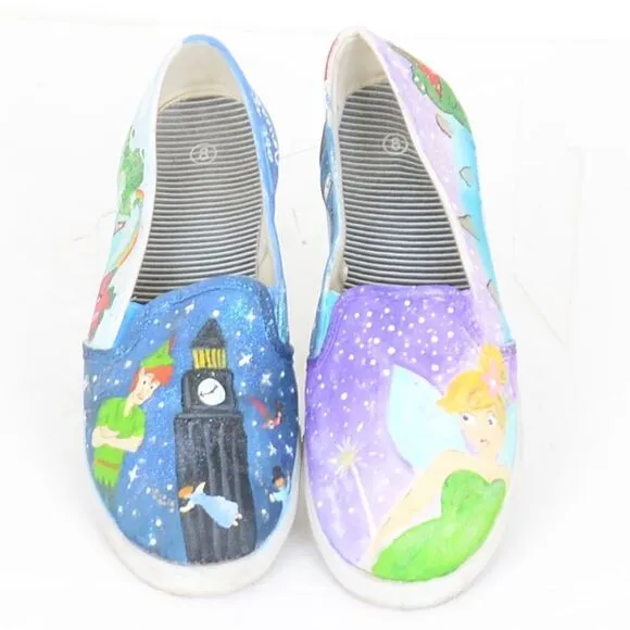 MUST SEE! Hand-painted Tinkerbell | Peter Pan Slip On Sneakers Women's 8