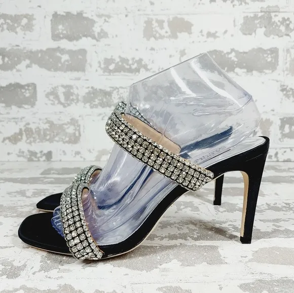 NEW Badgley Mischka Sade Black Rhinestone Heeled Summer Sandals A500