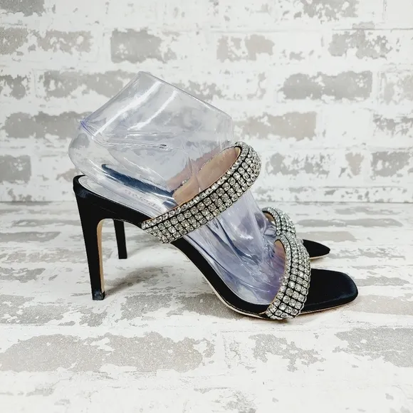 NEW Badgley Mischka Sade Black Rhinestone Heeled Summer Sandals A725