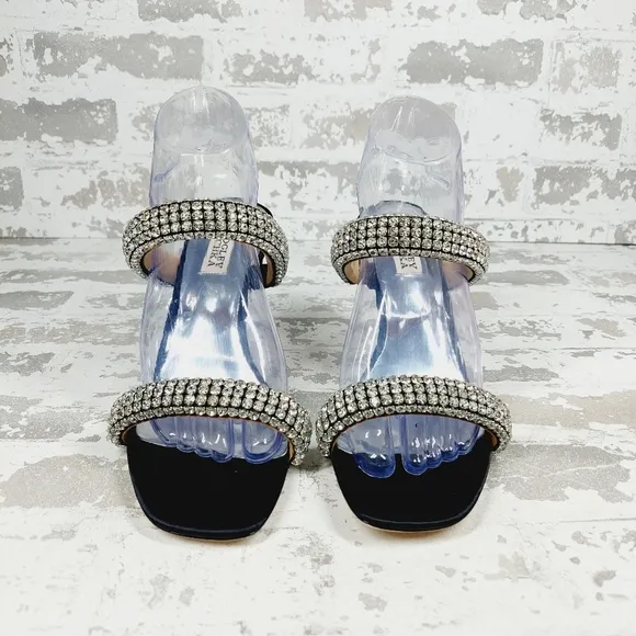 NEW Badgley Mischka Sade Black Rhinestone Heeled Summer Sandals A725