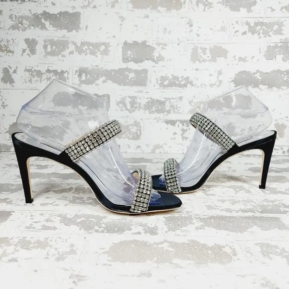 NEW Badgley Mischka Sade Black Rhinestone Heeled Summer Sandals A725