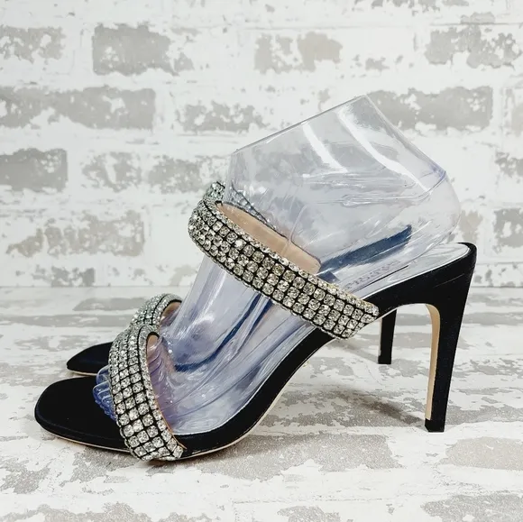 NEW Badgley Mischka Sade Black Rhinestone Heeled Summer Sandals A725
