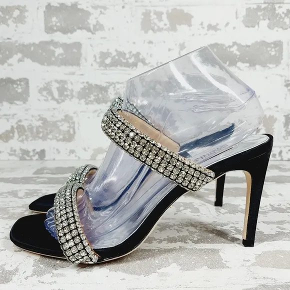 NEW Badgley Mischka Sade Black Rhinestone Heeled Summer Sandals B526