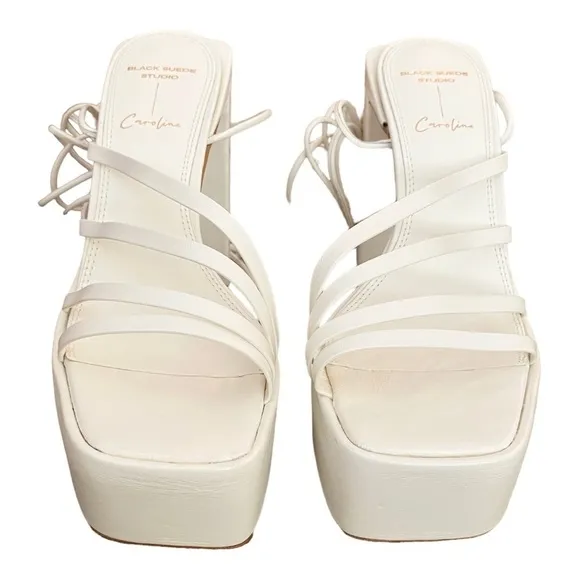 NEW Black Suede Studio Cream Platform Heels Sasha Sandals Wrap Ankle Tie Size 38