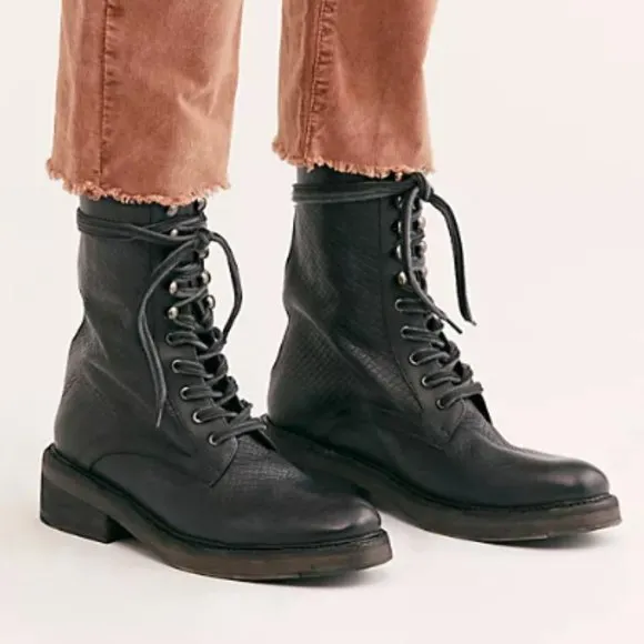 NEW FREE PEOPLE SANTA FE LACE UP BOOT BLACK EMBOSSED